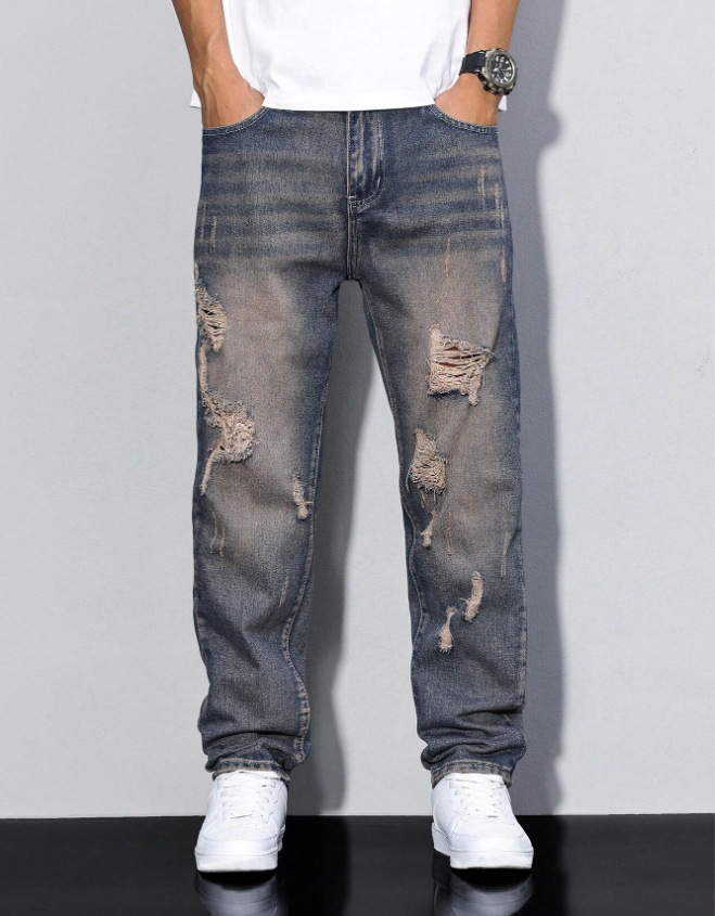 Men's Distressed Relaxed Straight Jeans in Faded Vintage Blue, view 4
