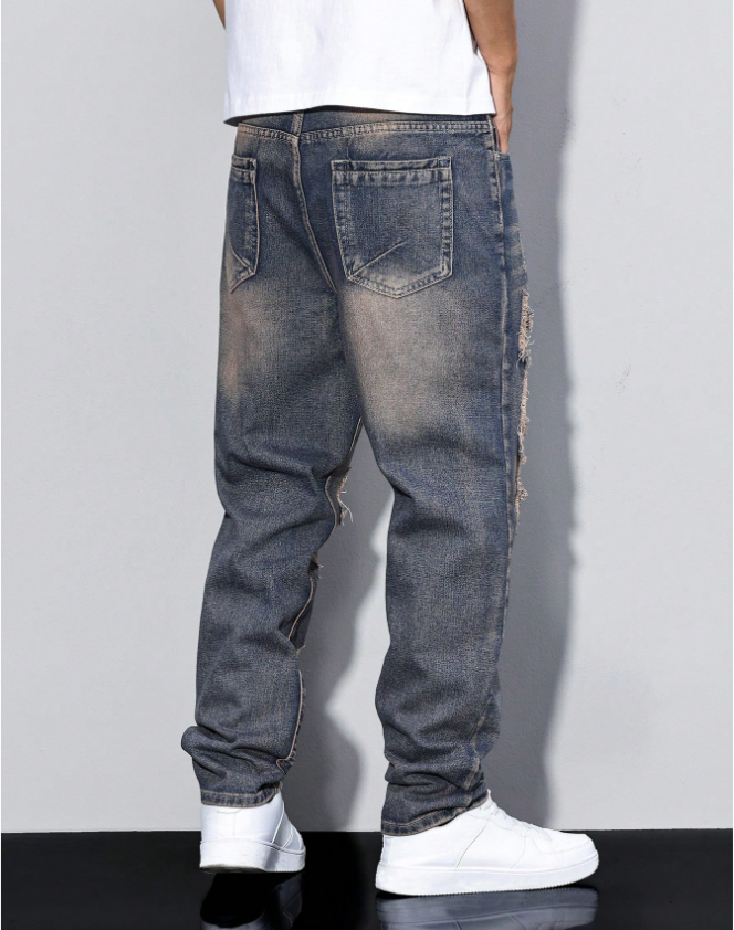 Men's Distressed Relaxed Straight Jeans in Faded Vintage Blue, view 6