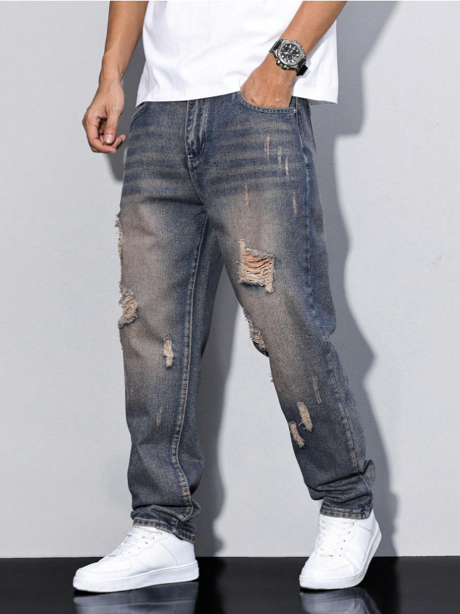 Men's Distressed Relaxed Straight Jeans in Faded Vintage Blue, view 5