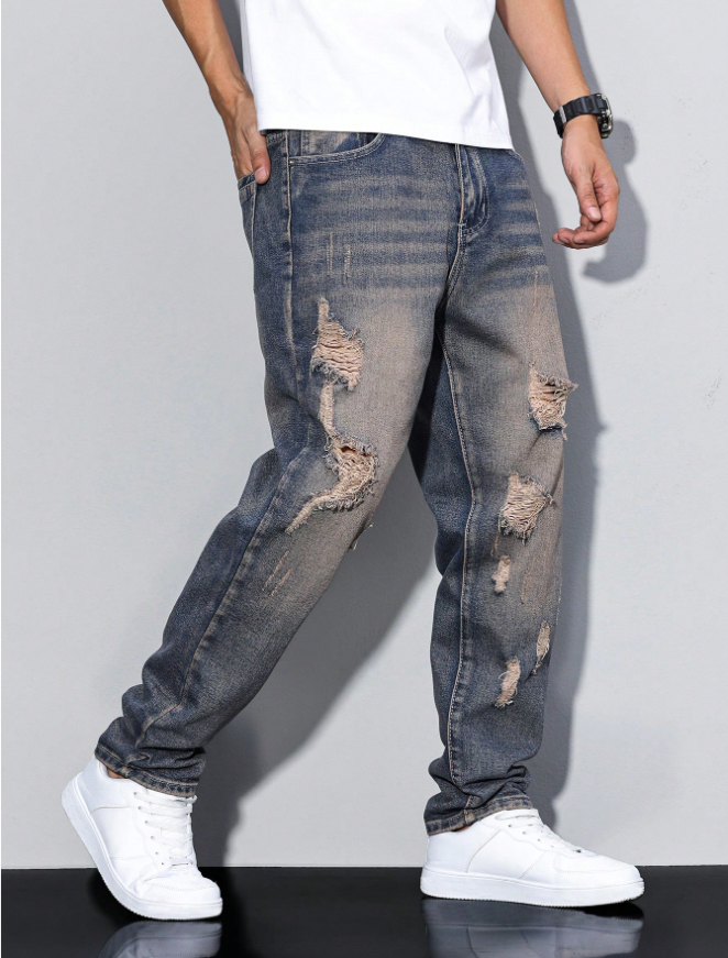 Men's Distressed Relaxed Straight Jeans in Faded Vintage Blue