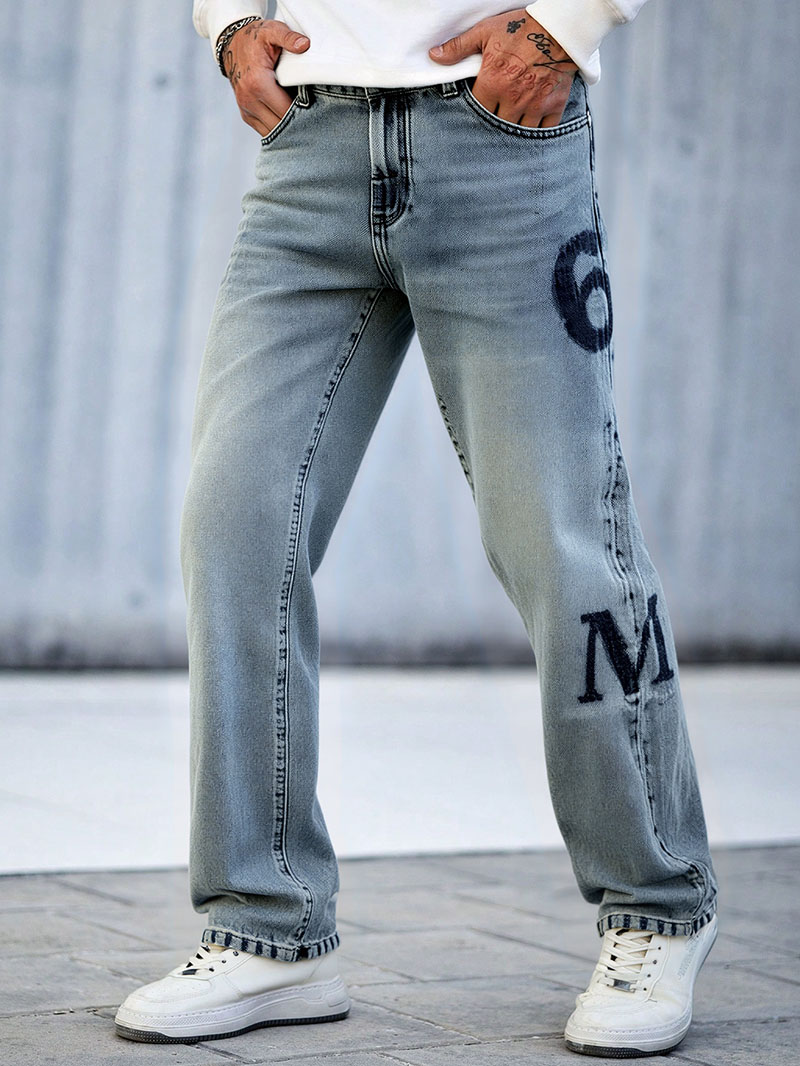 Varsity Letter Men's Jeans — Stonewash Straight-Leg Rigid Cotton Denim, view 5
