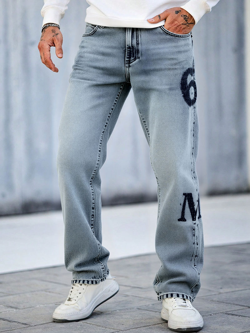 Varsity Letter Men's Jeans — Stonewash Straight-Leg Rigid Cotton Denim, view 3