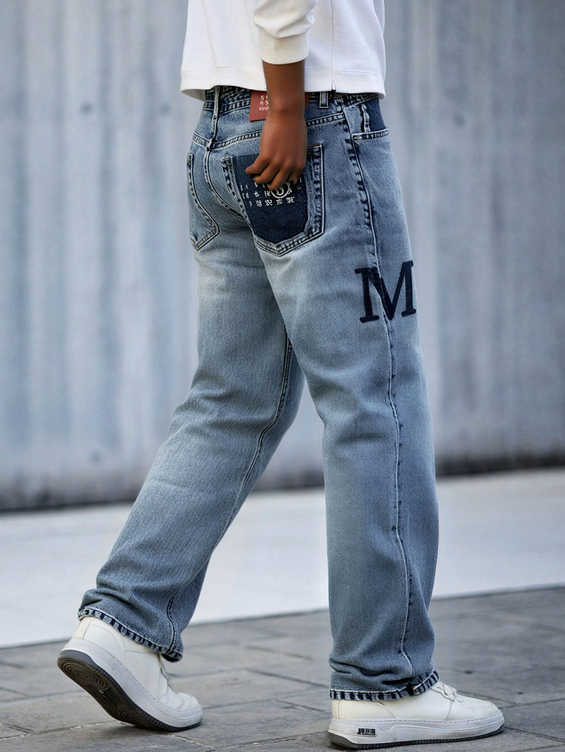 Varsity Letter Men's Jeans — Stonewash Straight-Leg Rigid Cotton Denim, view 2