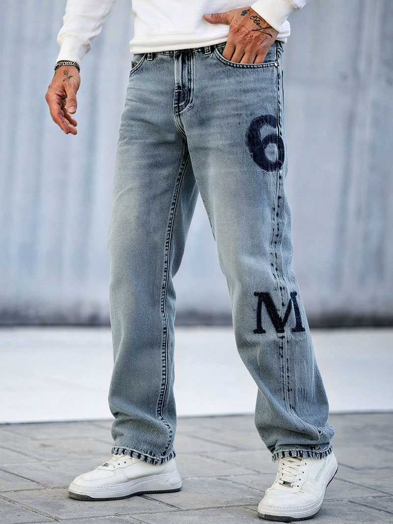 Varsity Letter Men's Jeans — Stonewash Straight-Leg Rigid Cotton Denim