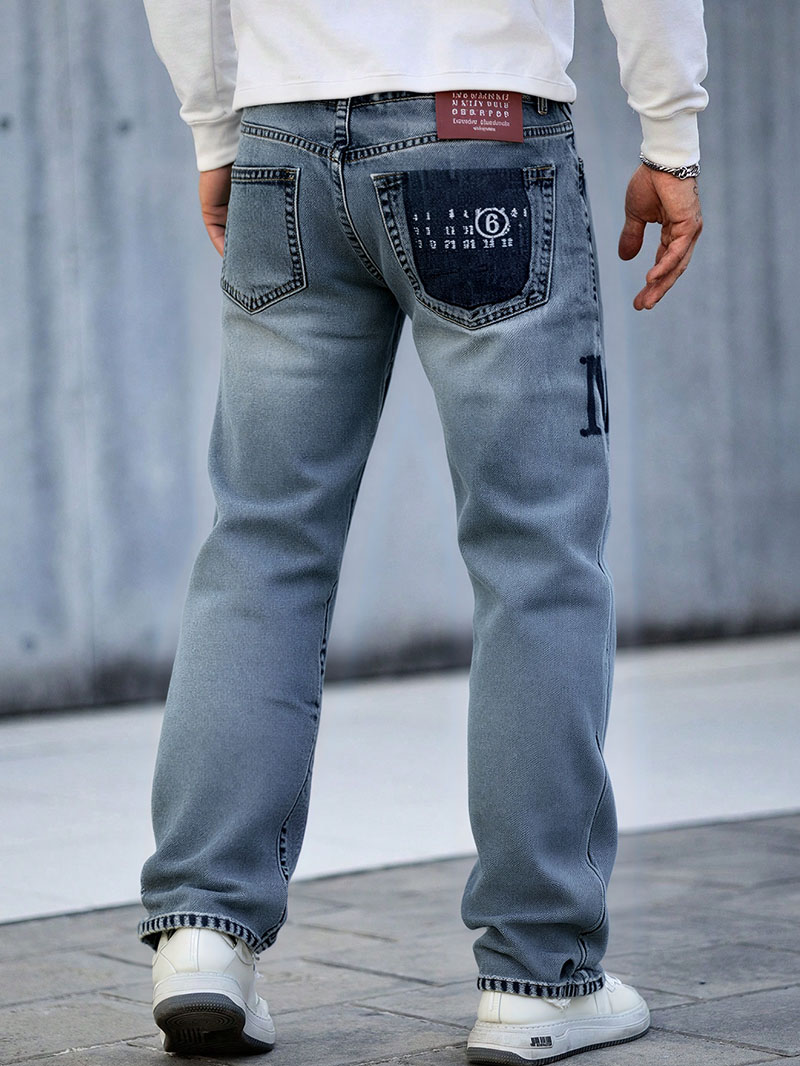 Varsity Letter Men's Jeans — Stonewash Straight-Leg Rigid Cotton Denim, view 4
