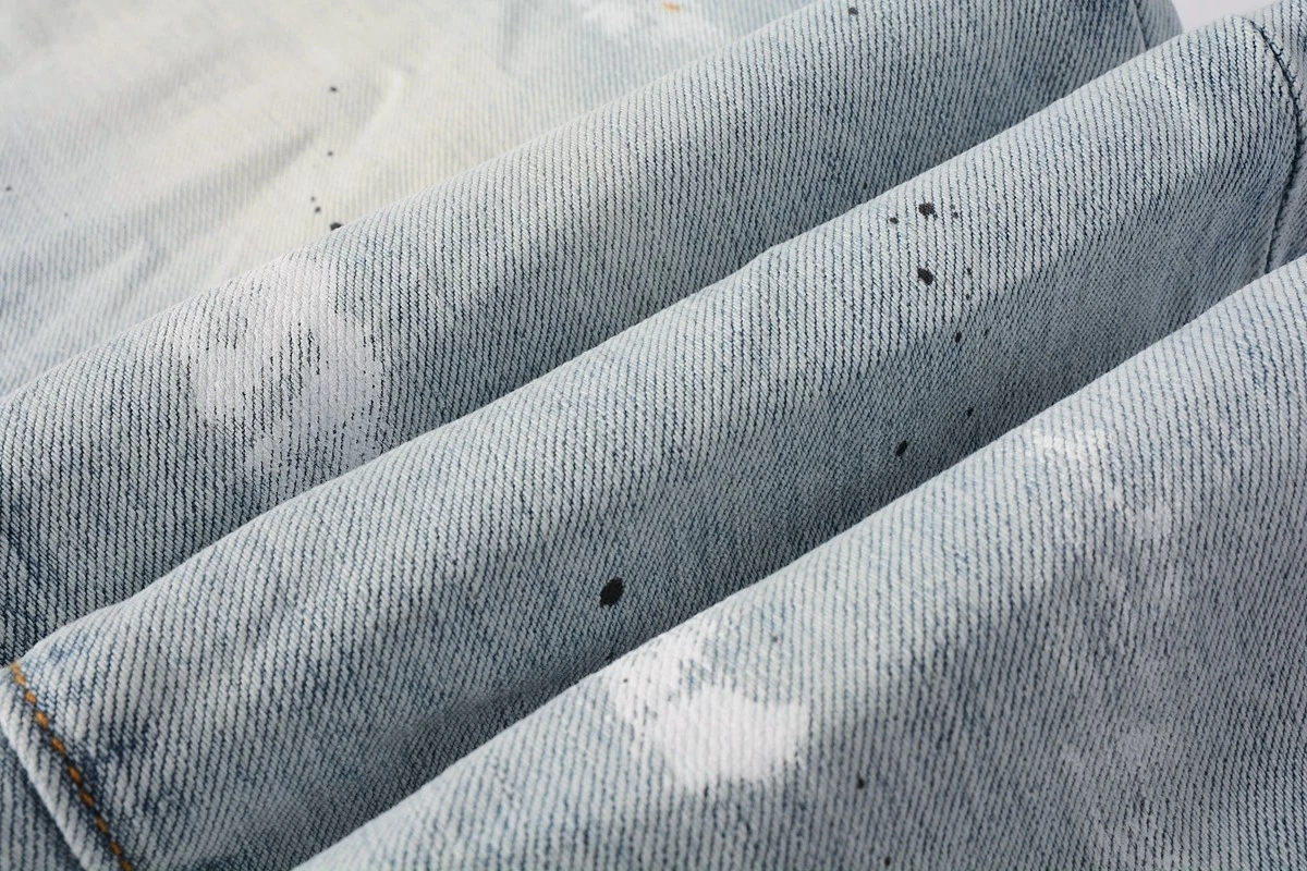 Men's Light Wash Paint Splatter Ripped Slim Stylish Straight Jeans, view 2