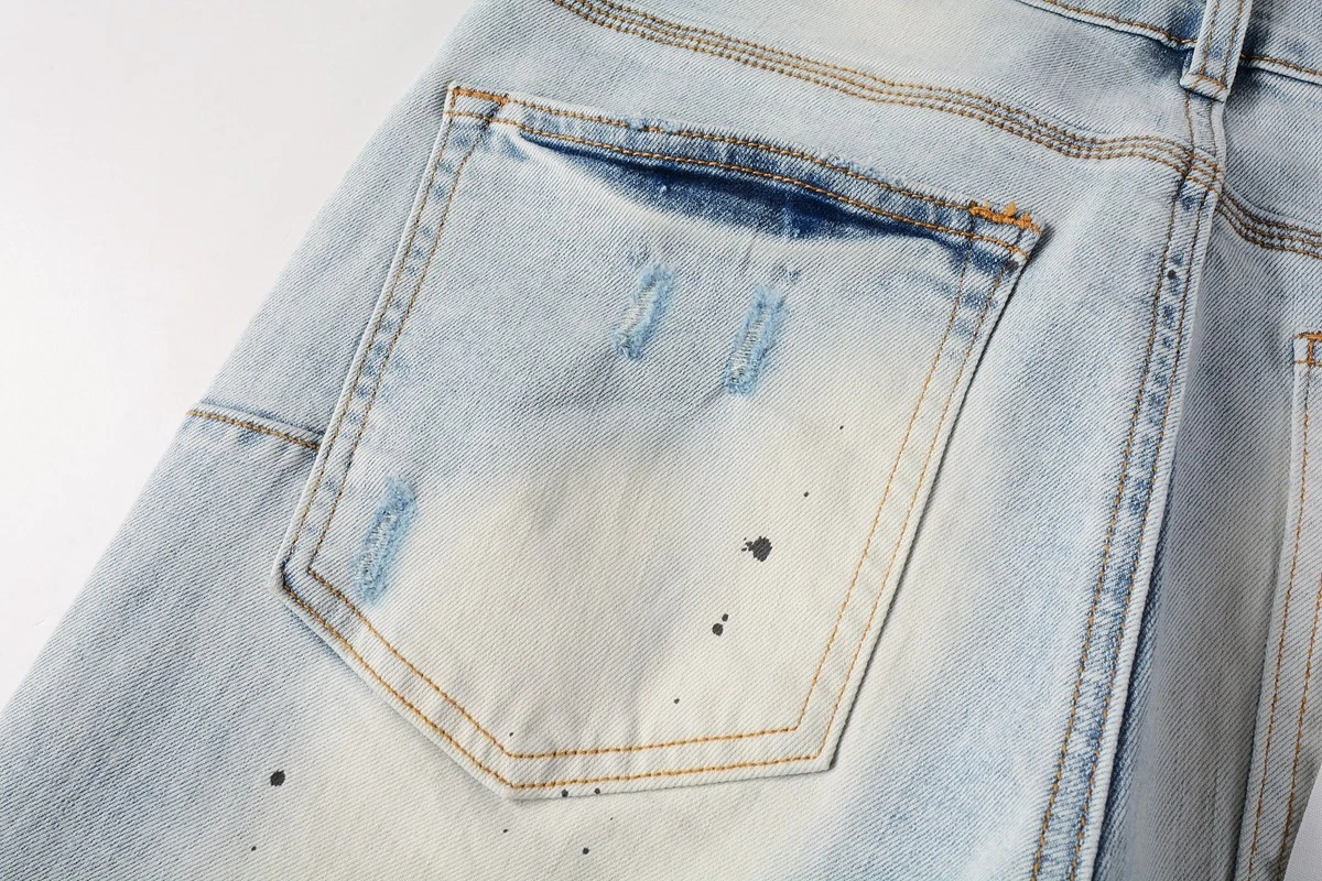 Men's Light Wash Paint Splatter Ripped Slim Stylish Straight Jeans, view 3