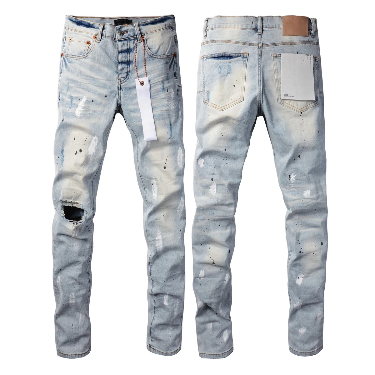 Men's Light Wash Paint Splatter Ripped Slim Stylish Straight Jeans