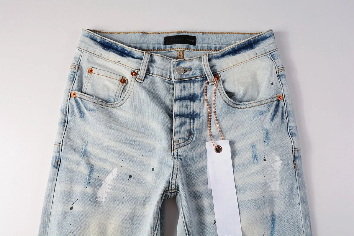 Men's Light Wash Paint Splatter Ripped Slim Stylish Straight Jeans, view 4