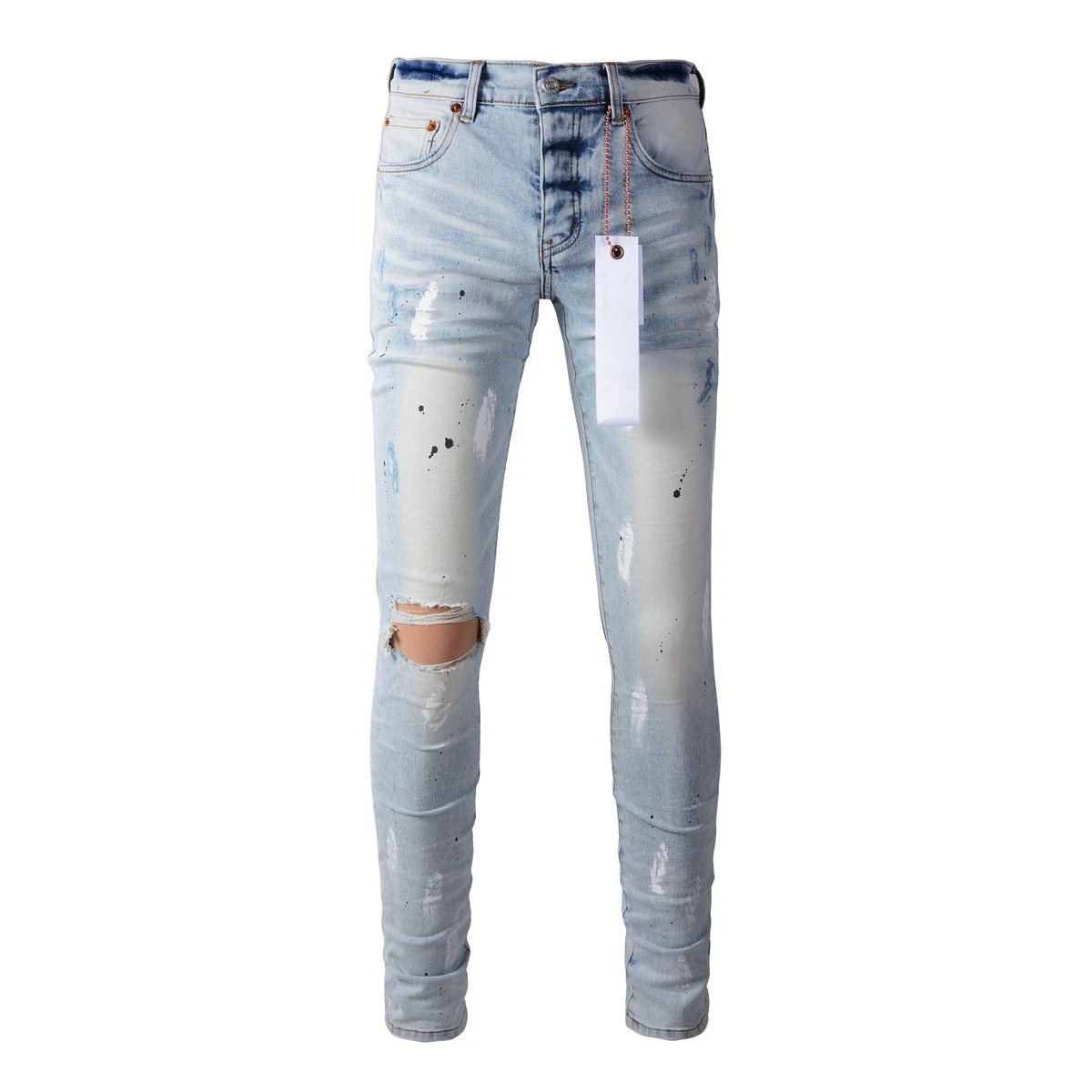 Men's Light Wash Paint Splatter Ripped Slim Stylish Straight Jeans, view 5
