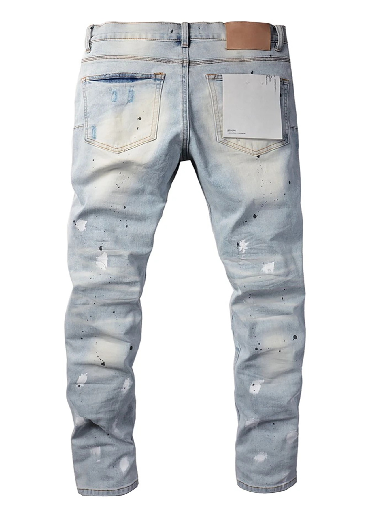 Men's Light Wash Paint Splatter Ripped Slim Stylish Straight Jeans, view 7
