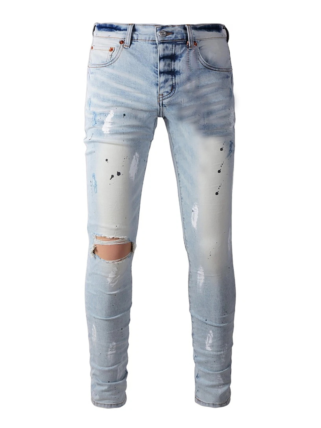 Men's Light Wash Paint Splatter Ripped Slim Stylish Straight Jeans, view 6