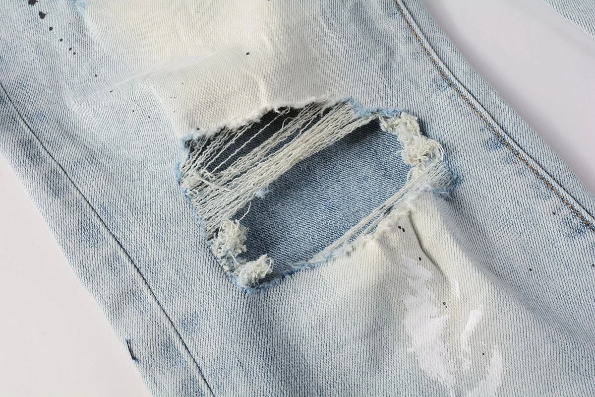 Men's Light Wash Paint Splatter Ripped Slim Stylish Straight Jeans, view 8