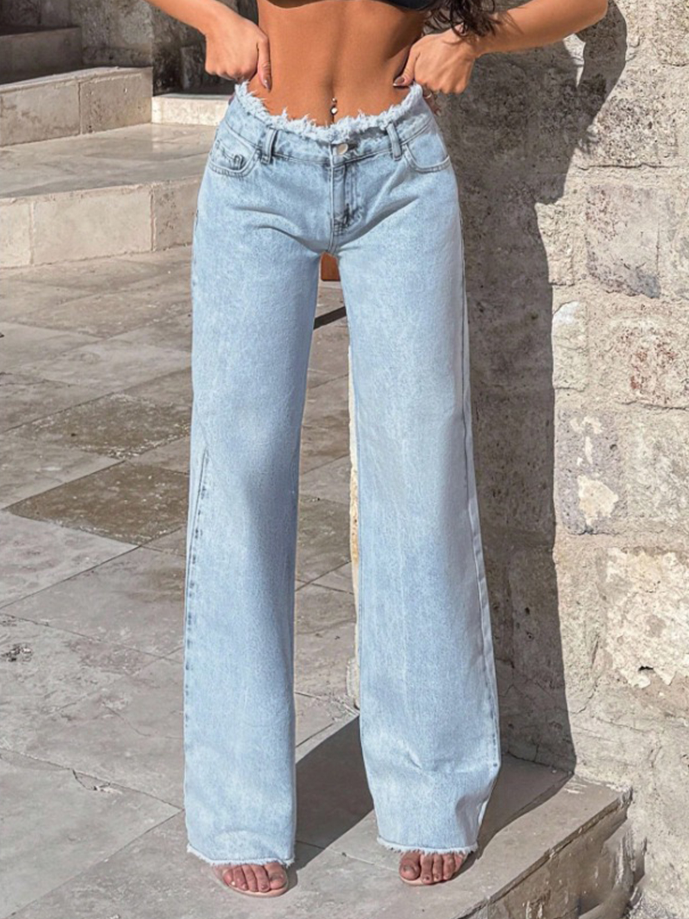 Low-Rise Wide-Leg Jeans With Raw Frayed Waistband and Hem, view 2