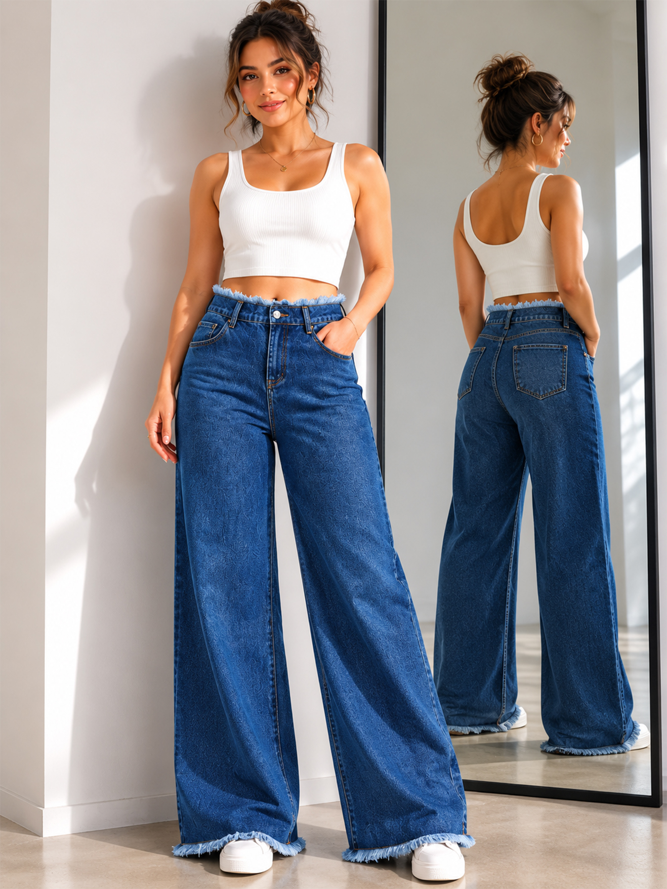 Low-Rise Wide-Leg Jeans With Raw Frayed Waistband and Hem