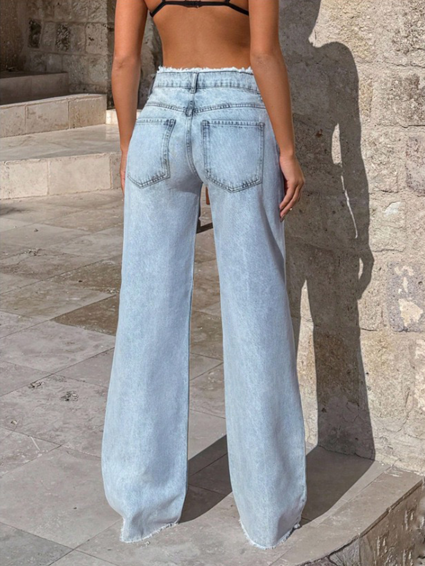 Low-Rise Wide-Leg Jeans With Raw Frayed Waistband and Hem, view 4