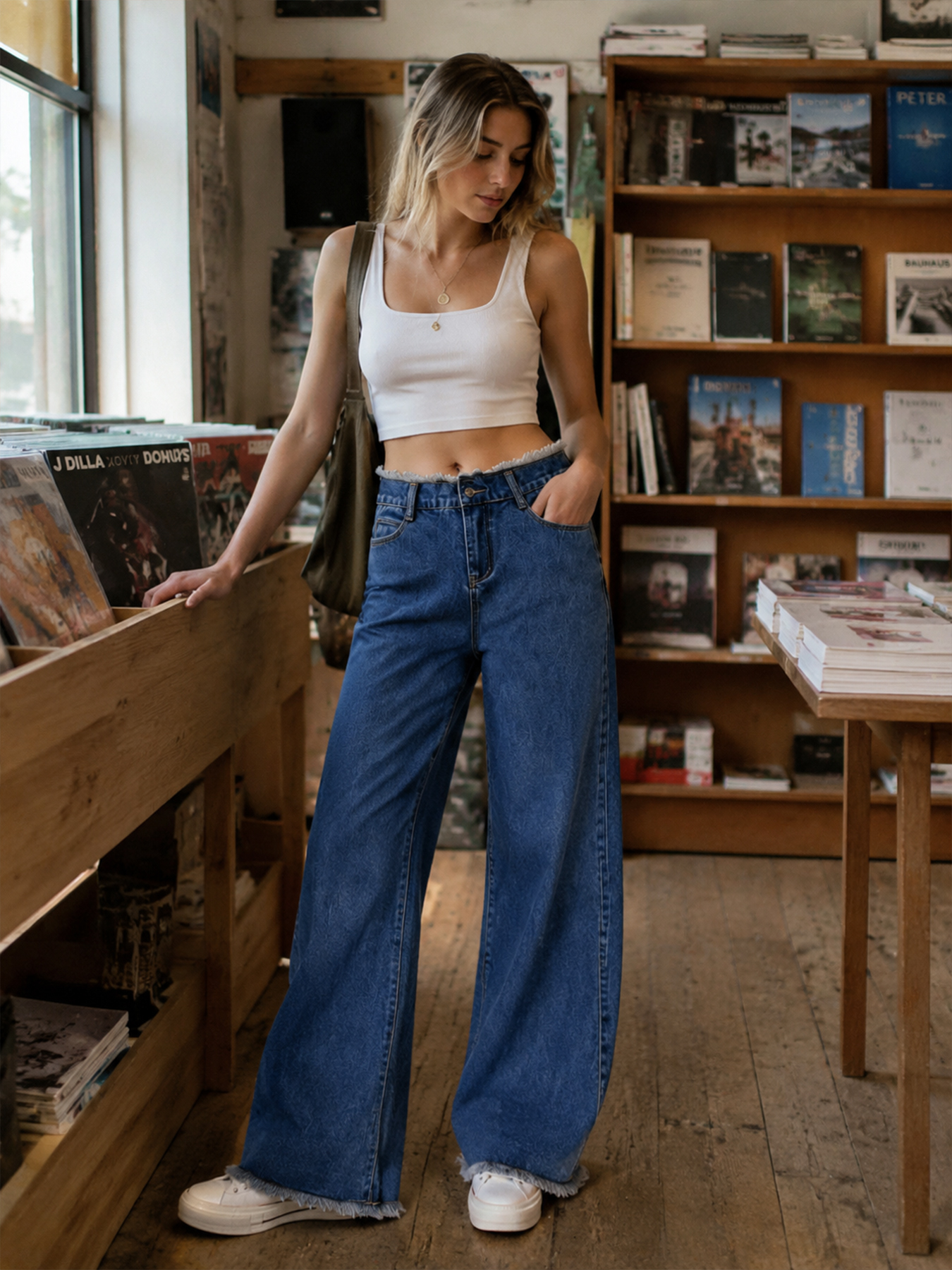 Low-Rise Wide-Leg Jeans With Raw Frayed Waistband and Hem, view 5