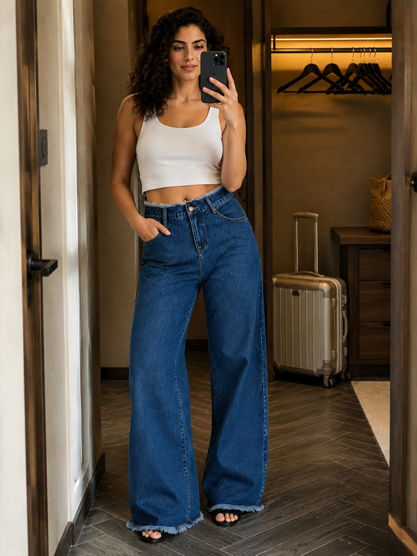 Low-Rise Wide-Leg Jeans With Raw Frayed Waistband and Hem, view 6