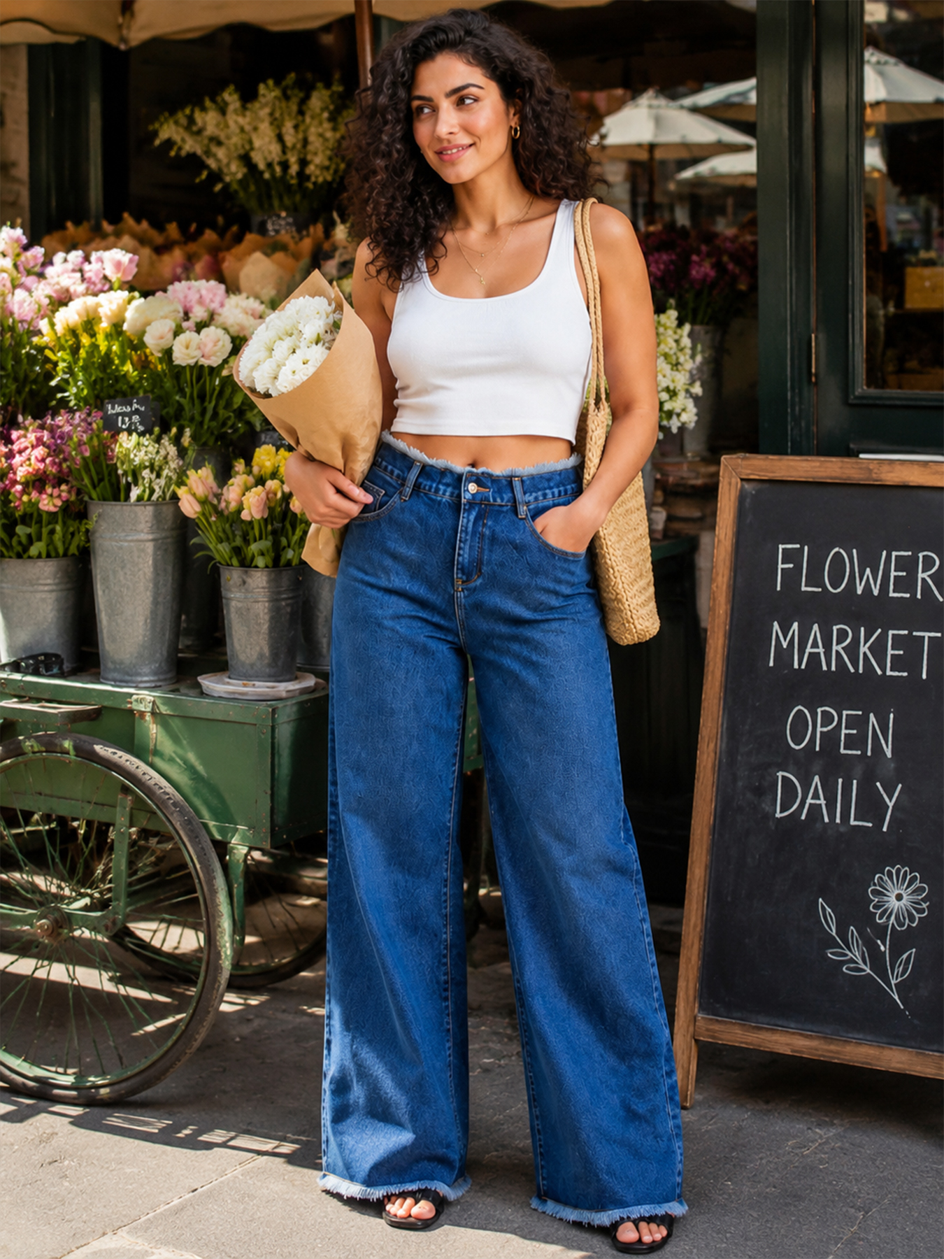 Low-Rise Wide-Leg Jeans With Raw Frayed Waistband and Hem, view 7