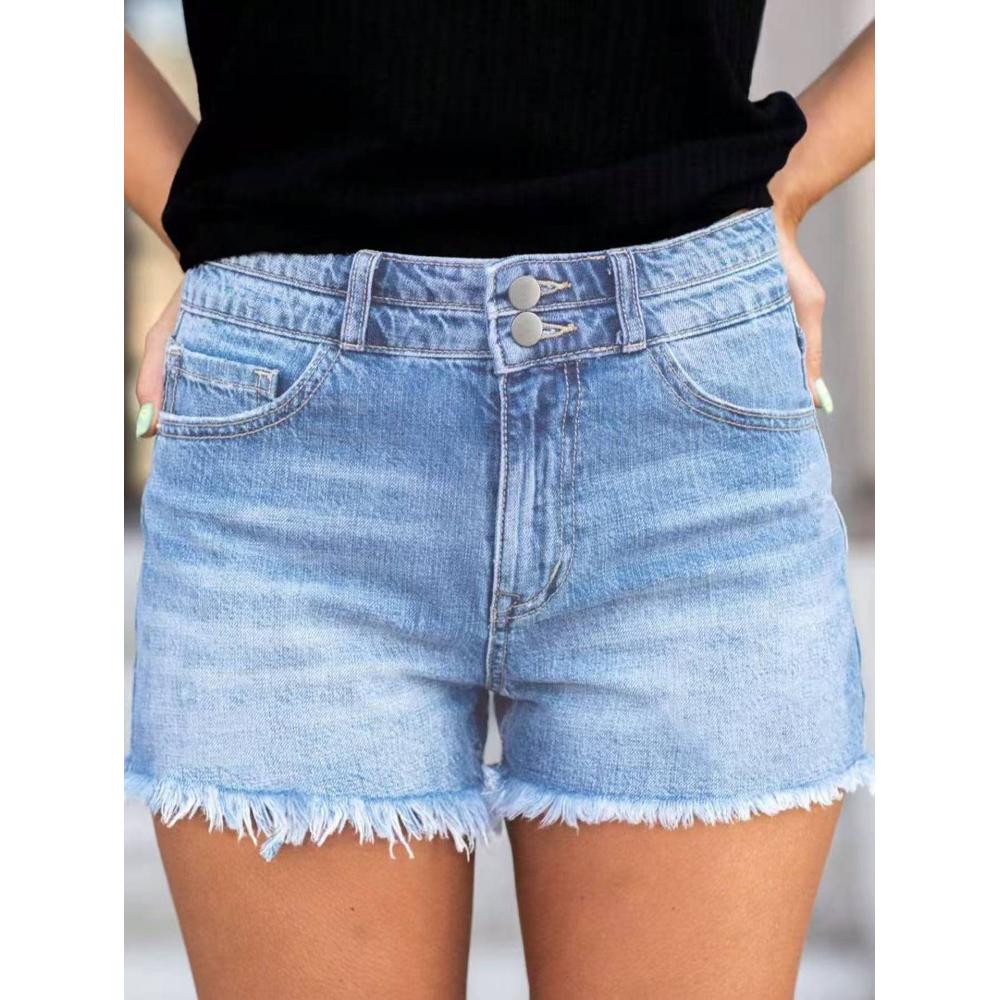 Two-Button High Rise Denim Cutoffs — Light Wash, Frayed Hem, view 6