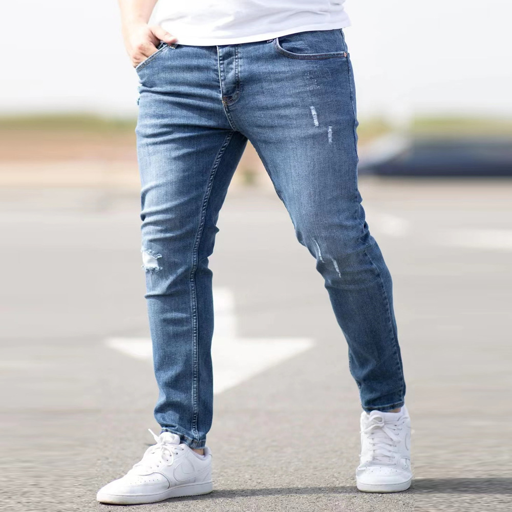 XL XXL Men's Slim Straight Stretch Jeans — Mid-Blue Distressed Denim, view 2