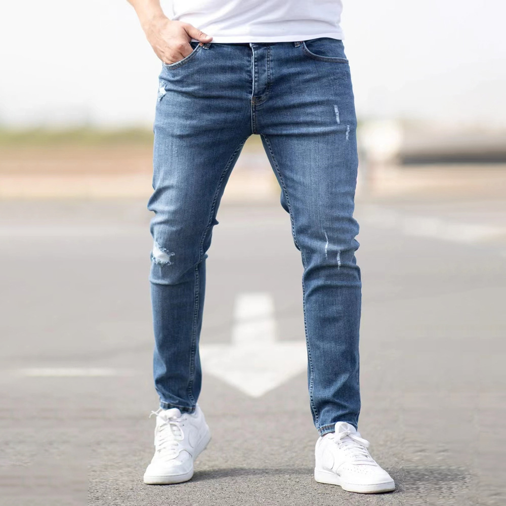 XL XXL Men's Slim Straight Stretch Jeans — Mid-Blue Distressed Denim, view 3