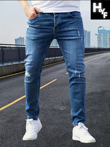 XL XXL Men's Slim Straight Stretch Jeans — Mid-Blue Distressed Denim