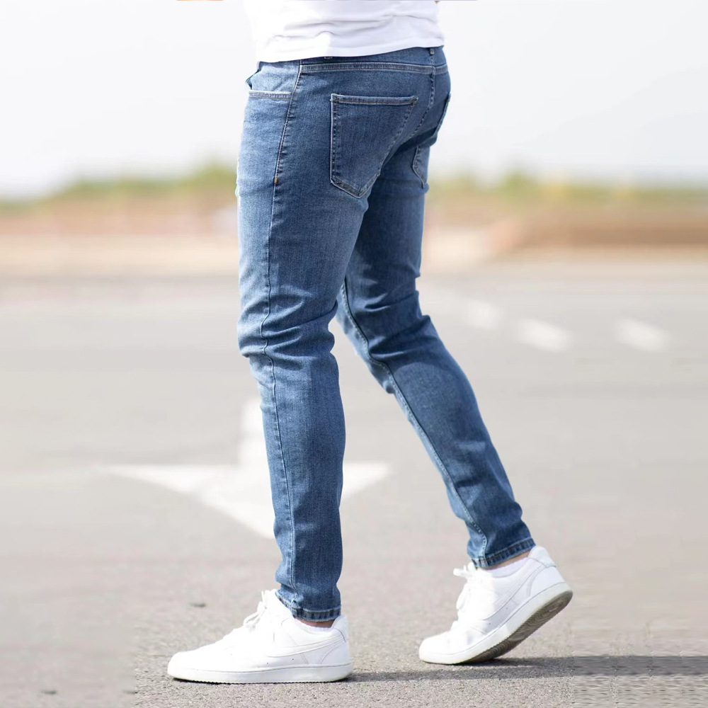 XL XXL Men's Slim Straight Stretch Jeans — Mid-Blue Distressed Denim, view 4