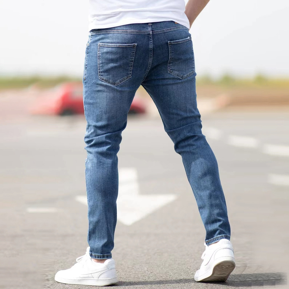 XL XXL Men's Slim Straight Stretch Jeans — Mid-Blue Distressed Denim, view 5