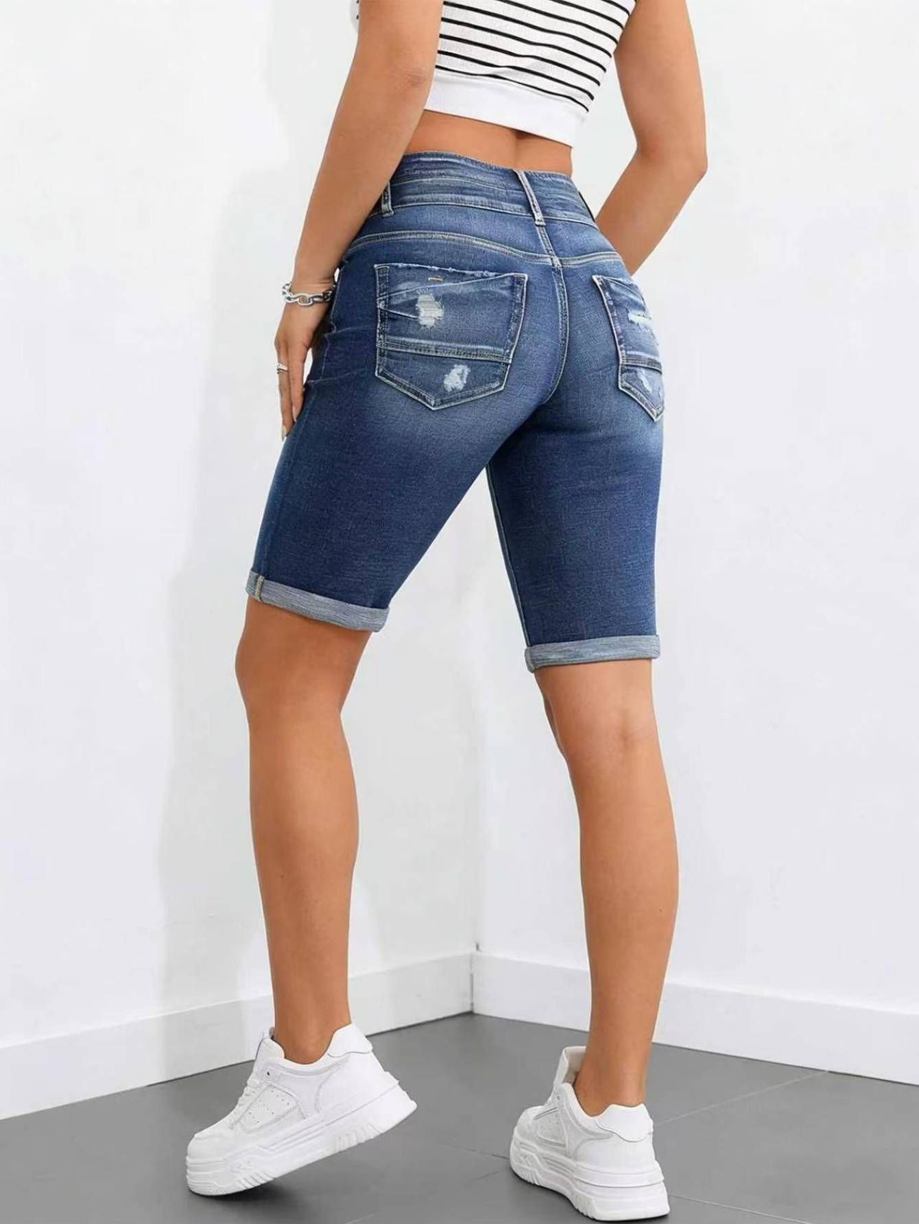 Women's High Waist Denim Bermuda Shorts — Double Button, Cuffed Knee Length, view 2