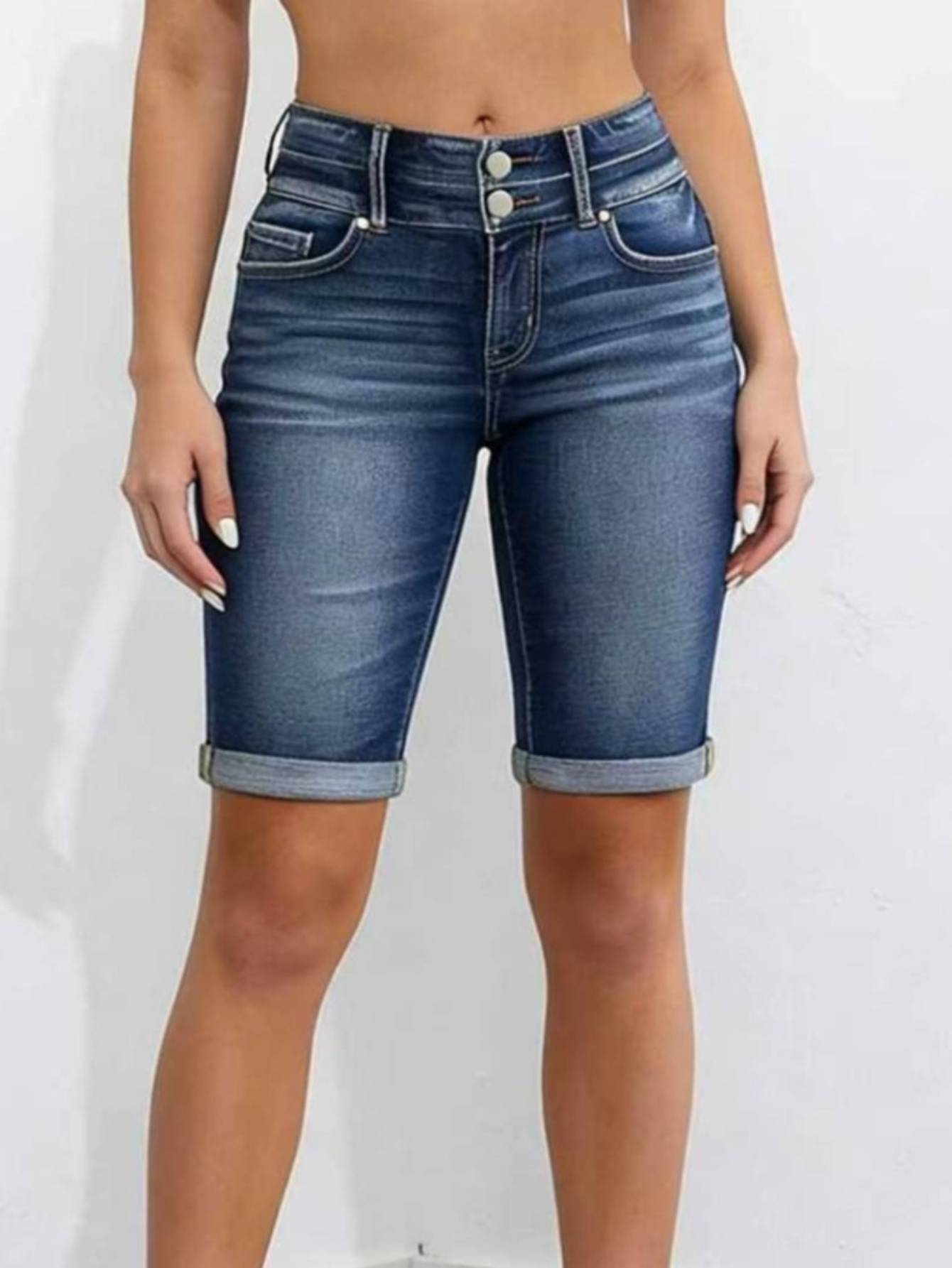 Women's High Waist Denim Bermuda Shorts — Double Button, Cuffed Knee Length, view 4