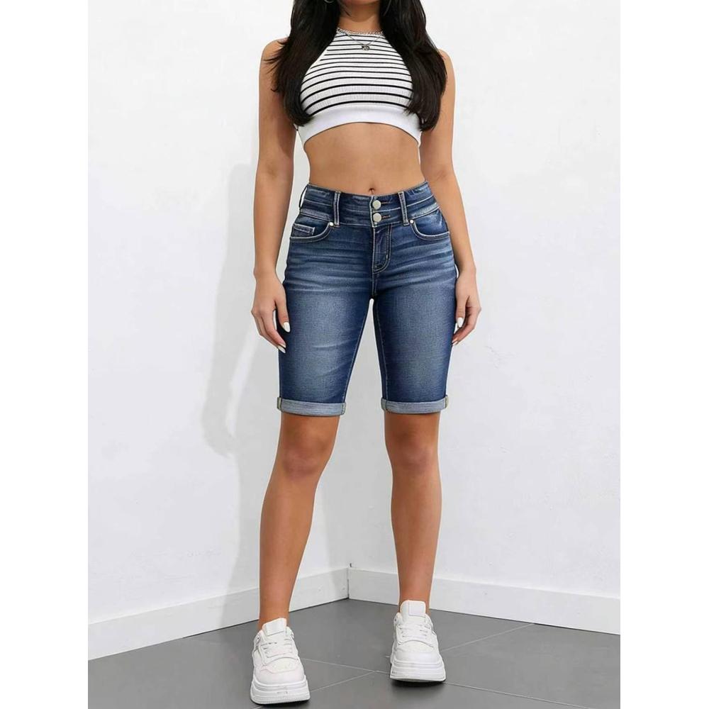 Women's High Waist Denim Bermuda Shorts — Double Button, Cuffed Knee Length