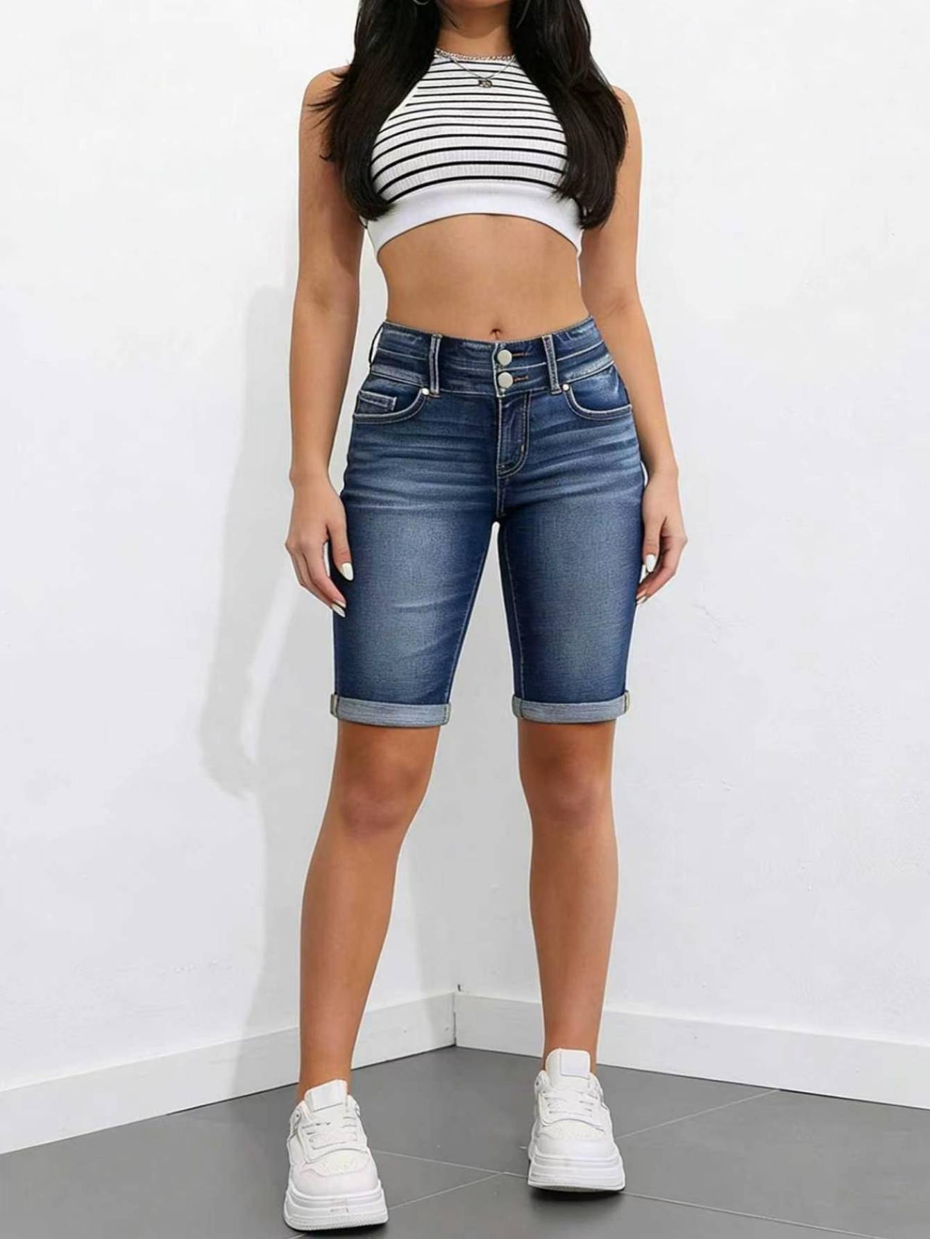 Women's High Waist Denim Bermuda Shorts — Double Button, Cuffed Knee Length, view 3