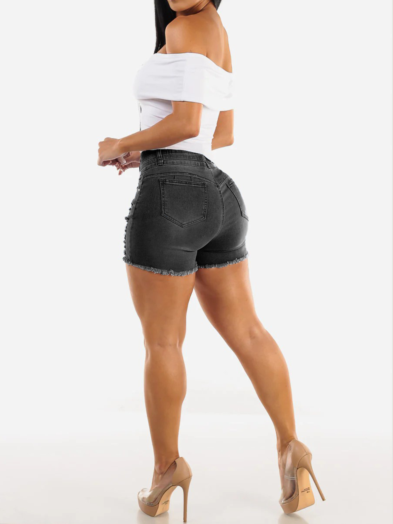 High-Waist Black Ripped Denim Shorts — Triple-Button Stacked Waistband, view 5