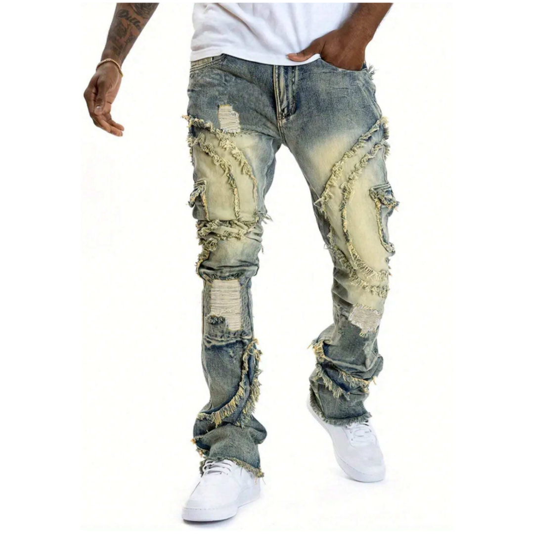 Men's Distressed Patchwork Stacked Jeans — Raw Frayed Panels, Vintage Wash