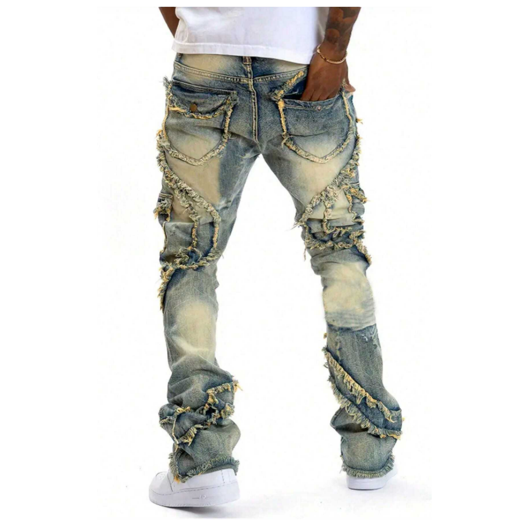Men's Distressed Patchwork Stacked Jeans — Raw Frayed Panels, Vintage Wash, view 2