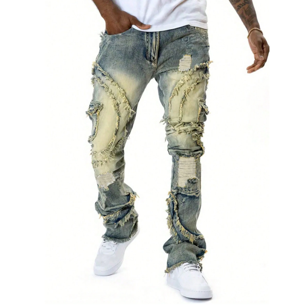 Men's Distressed Patchwork Stacked Jeans — Raw Frayed Panels, Vintage Wash, view 3