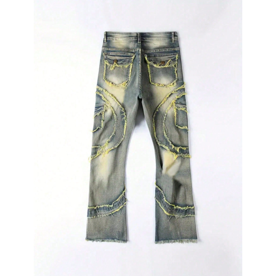 Men's Distressed Patchwork Stacked Jeans — Raw Frayed Panels, Vintage Wash, view 4