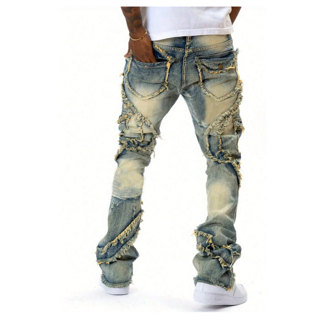 Men's Distressed Patchwork Stacked Jeans — Raw Frayed Panels, Vintage Wash, view 5