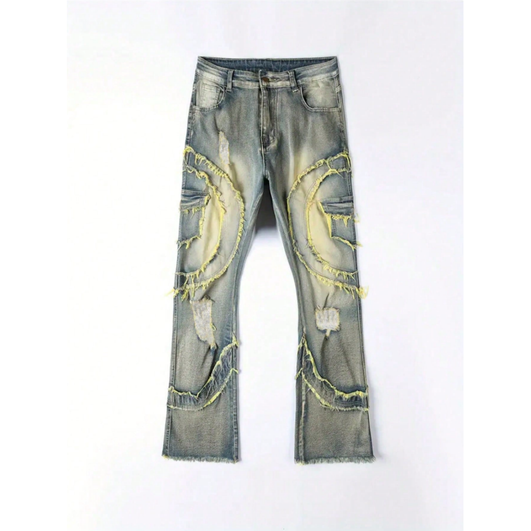 Men's Distressed Patchwork Stacked Jeans — Raw Frayed Panels, Vintage Wash, view 6