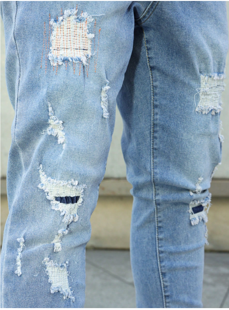 Men's Light Wash Ripped Slim Tapered Stretch Jeans — Distressed Denim, view 4