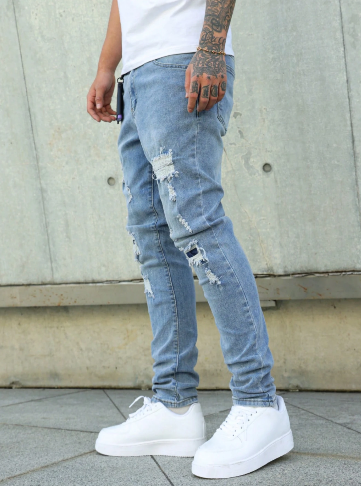 Men's Light Wash Ripped Slim Tapered Stretch Jeans — Distressed Denim, view 2