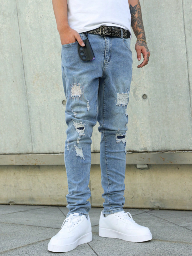 Men's Light Wash Ripped Slim Tapered Stretch Jeans — Distressed Denim, view 5