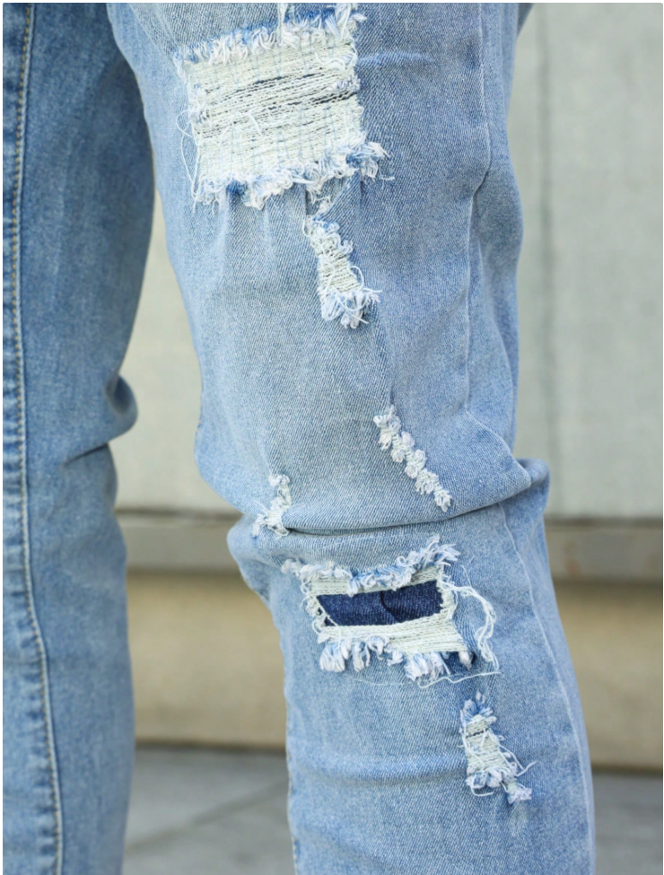 Men's Light Wash Ripped Slim Tapered Stretch Jeans — Distressed Denim, view 3