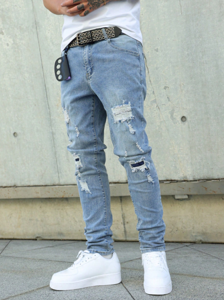 Men's Light Wash Ripped Slim Tapered Stretch Jeans — Distressed Denim