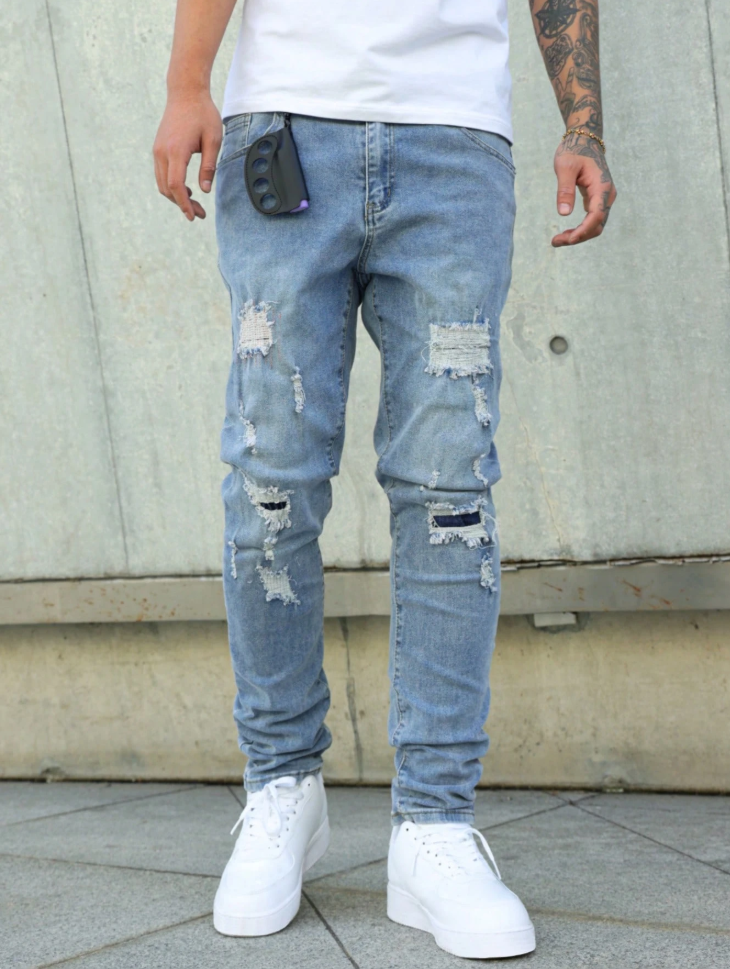 Men's Light Wash Ripped Slim Tapered Stretch Jeans — Distressed Denim, view 6