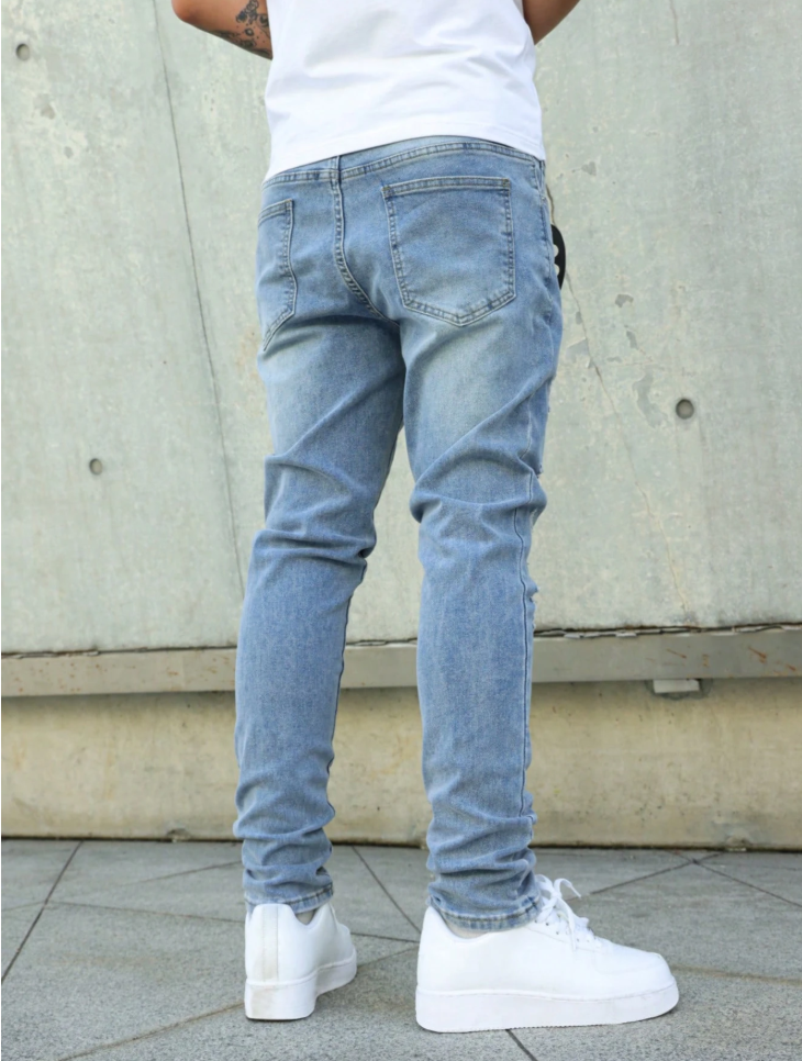 Men's Light Wash Ripped Slim Tapered Stretch Jeans — Distressed Denim, view 7