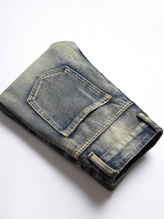 Men's Ripped Patchwork Jeans — Darned Knees, Slim Stretch Straight Leg, view 4