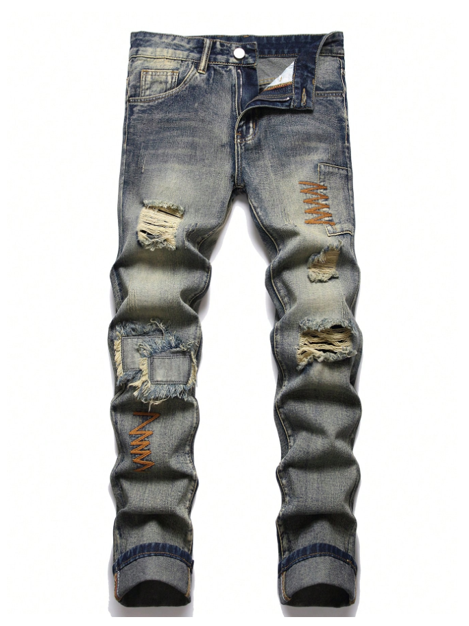 Men's Ripped Patchwork Jeans — Darned Knees, Slim Stretch Straight Leg