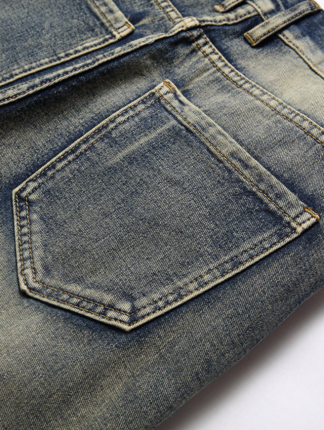 Men's Ripped Patchwork Jeans — Darned Knees, Slim Stretch Straight Leg, view 5